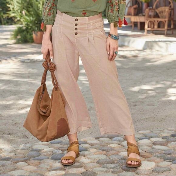 Sundance The Villa Wide Leg Crop Button Fly Linen Tencel Blend Pant Tan Women 6 - Picture 5 of 5